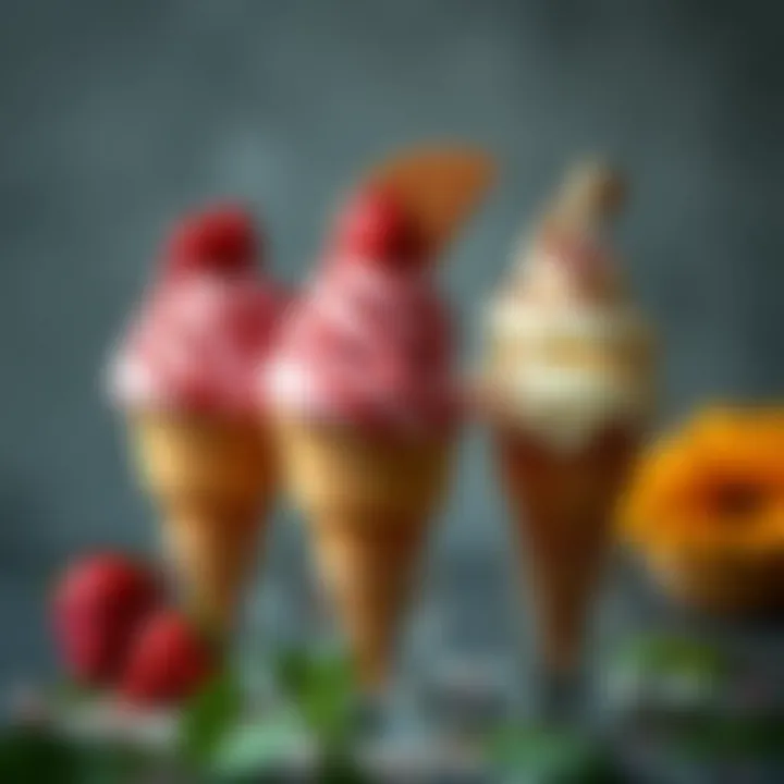 Visual Delight of Ice Cream Artistry Artistic presentation of ice cream cones and toppings