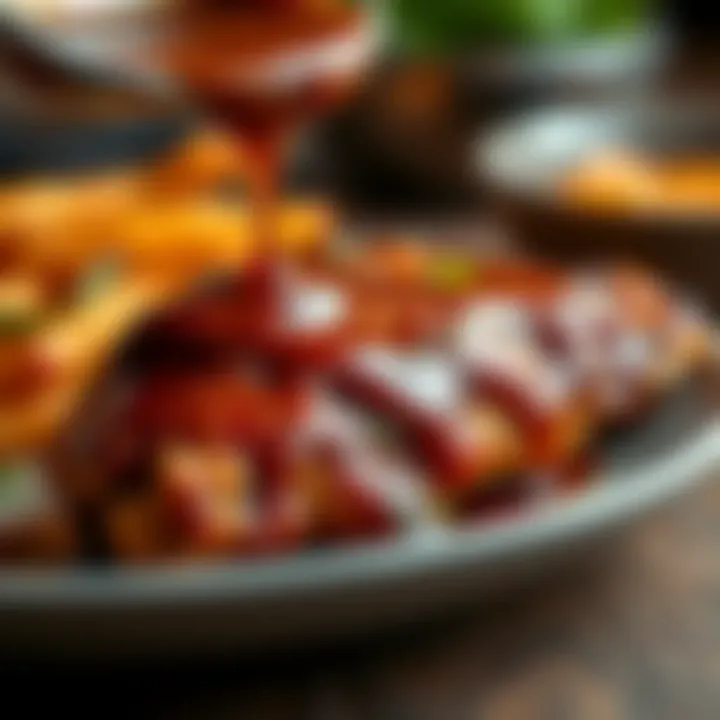 A close-up of a rich, flavorful sauce being drizzled over tender chicken