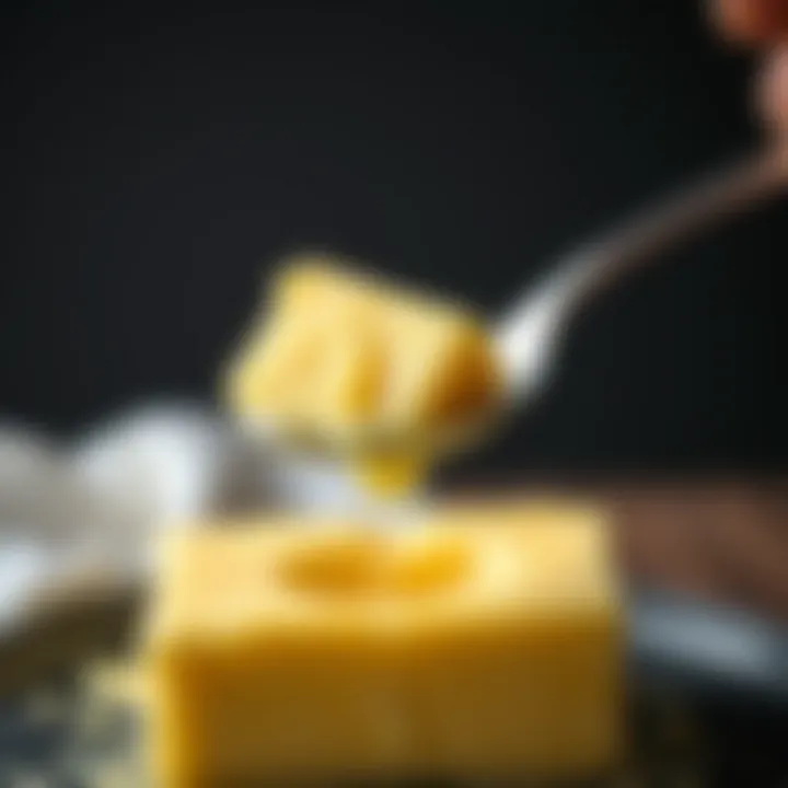 A close-up of a spoonful of butter for measurement