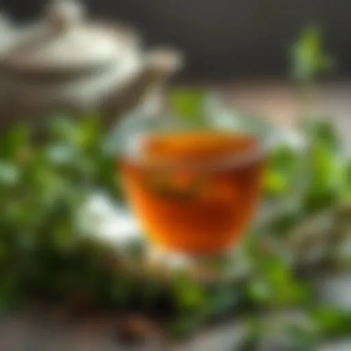 A soothing cup of herbal tea surrounded by fresh herbs