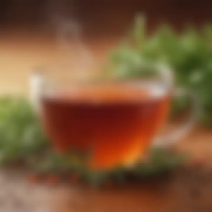 A close-up of a steaming cup of rooibos tea surrounded by fresh herbs.