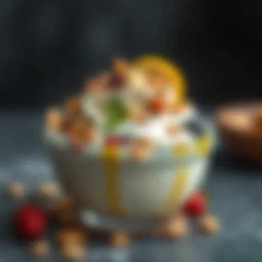 A bowl of creamy strained yogurt topped with fresh fruits and nuts.