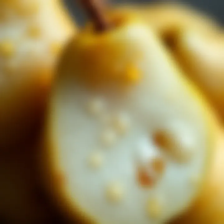 A close-up of sugar pear fruit with dew drops on its skin