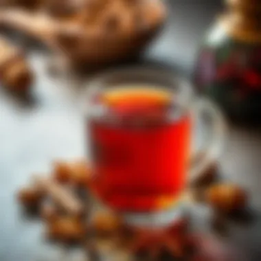 Aromatic Essence of Sultan Çayı An artistic close-up of a brewed Sultan Çayı with aromatic spices in the background.