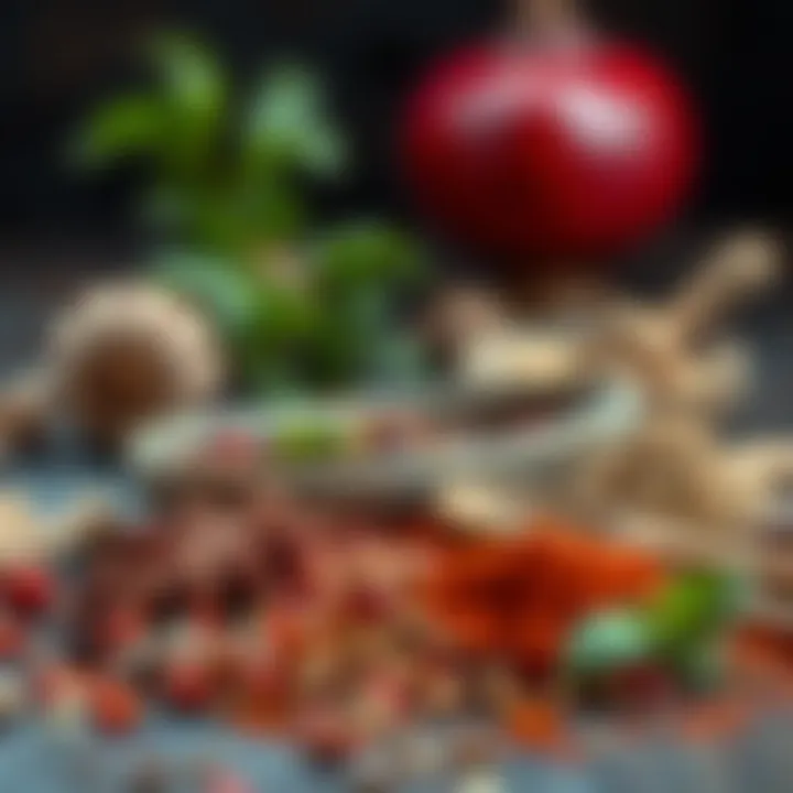 An array of spices and herbs including sumac