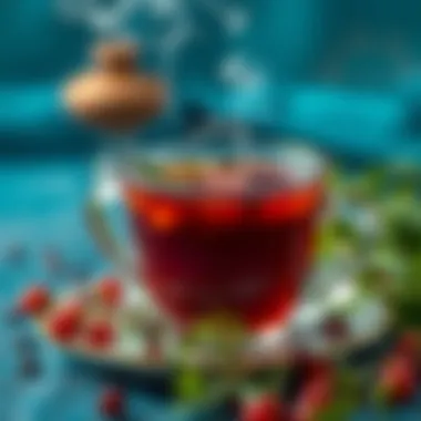 A steaming cup of sumac tea decorated with fresh herbs