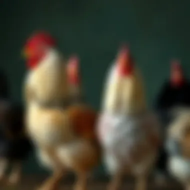 Diverse Breeds of Sus Chickens A diverse group of various chicken breeds showcasing unique plumage.
