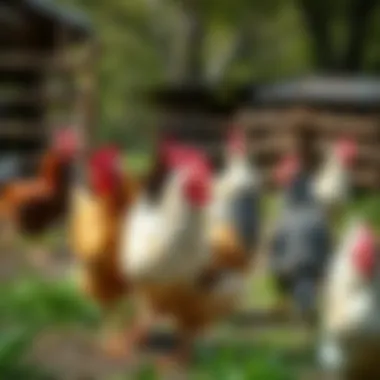 Free-Range Farming of Sus Chickens A picturesque farm setting with free-ranging chickens amidst natural surroundings.