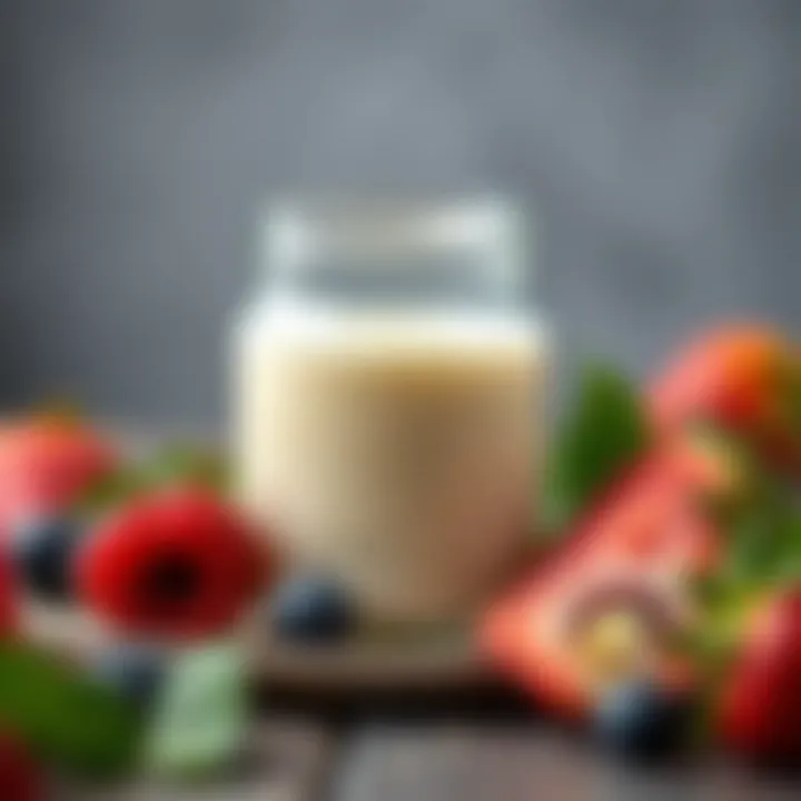 A jar of homemade vegan cream placed next to fresh fruits