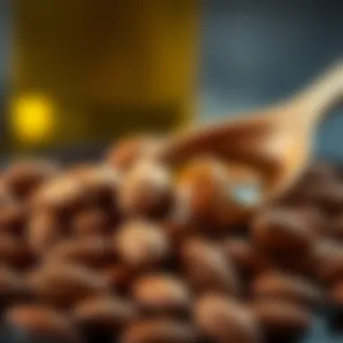 Close-up of sweet almond oil with almonds