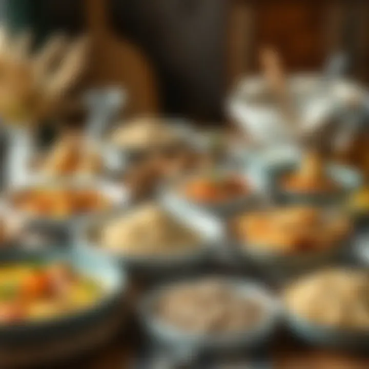 A rustic table spread featuring dishes made from different grains