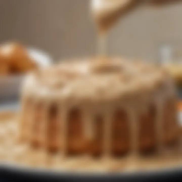 Close-up of tahini paste being drizzled over a dessert