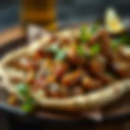 A close-up of succulent tantuni meat served on a flatbread