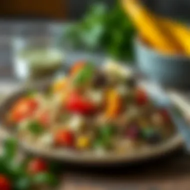 A beautifully garnished bulgur salad highlighting fresh vegetables and herbs