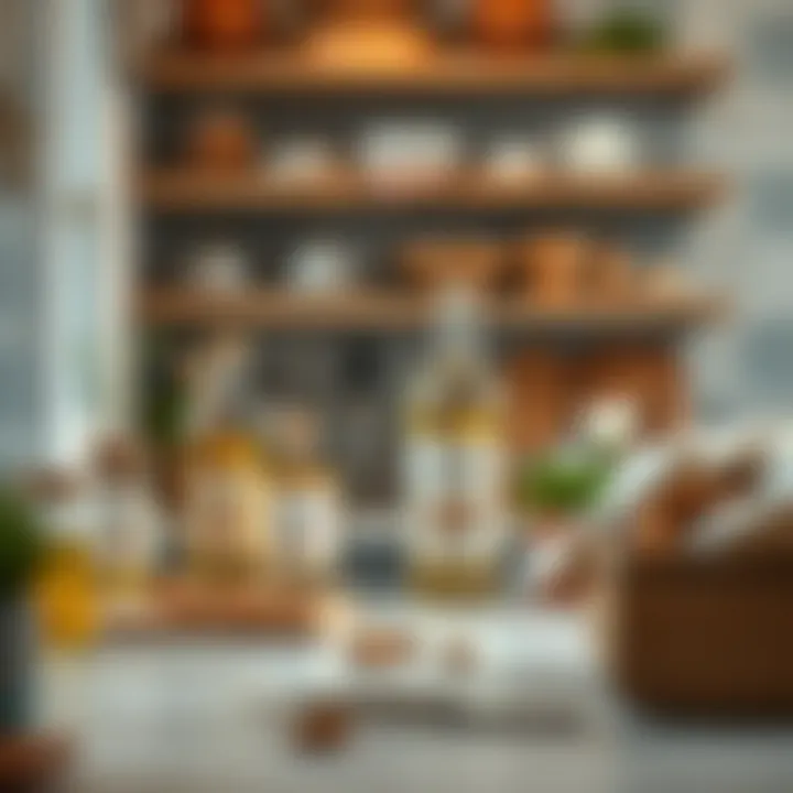 A stylish kitchen shelf displaying culinary uses of almond oil