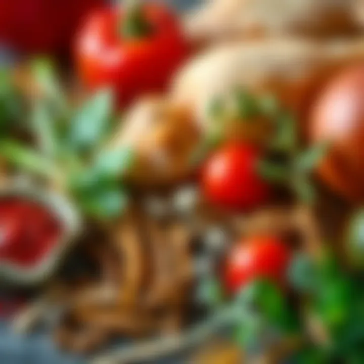 Close-up of the ingredients used in chicken whirl, including spices and fresh vegetables