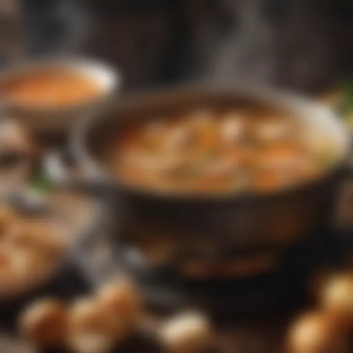 A traditional pot simmering with chicken broth on a stove