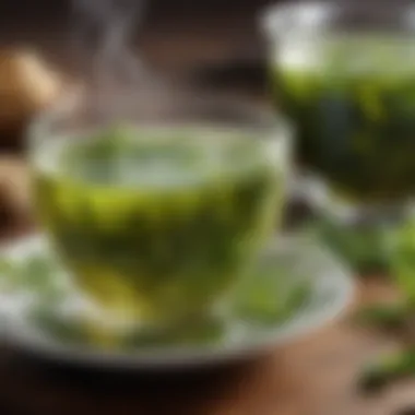 A steaming cup of green tea with fresh herbs.