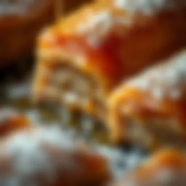 A close-up of baked baklava with golden crust and syrup drizzle