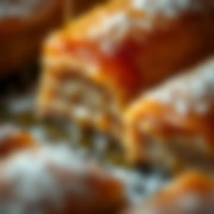 A close-up of baked baklava with golden crust and syrup drizzle