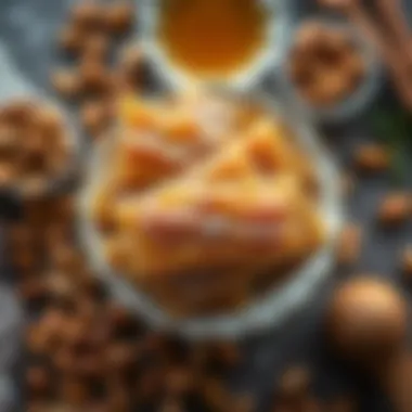 An overhead view of baklava ingredients including nuts and syrup