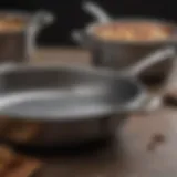 A close-up view of a titanium cookware set, showcasing its unique texture and finish.