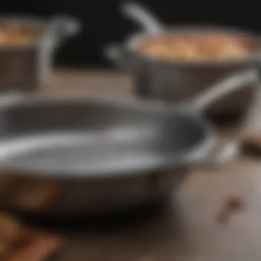 A close-up view of a titanium cookware set, showcasing its unique texture and finish.