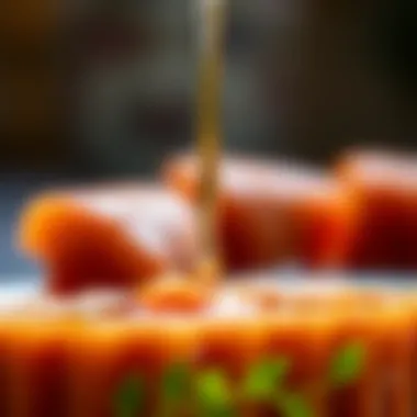 Syrup Glaze of Tulumba A close-up of the syrup dripping from the Tulumba, highlighting its glossy texture.