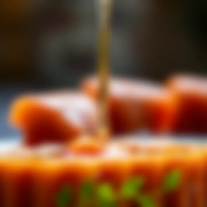 Syrup Glaze of Tulumba A close-up of the syrup dripping from the Tulumba, highlighting its glossy texture.