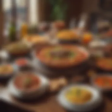 A vibrant table setting showcasing Turkish cuisine with kebap, pide, and soup.