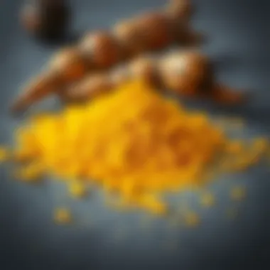 Golden turmeric powder with its roots, showcasing its natural essence
