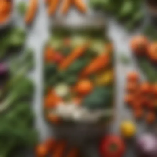 A close-up of a jar filled with cloudy pickling brine surrounded by fresh vegetables