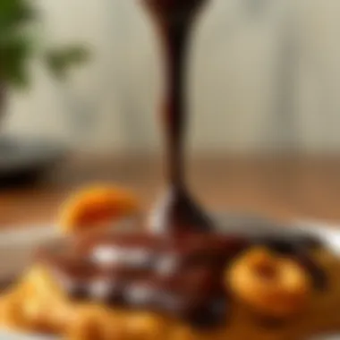 A rich and glossy chocolate sauce drizzling over a dessert