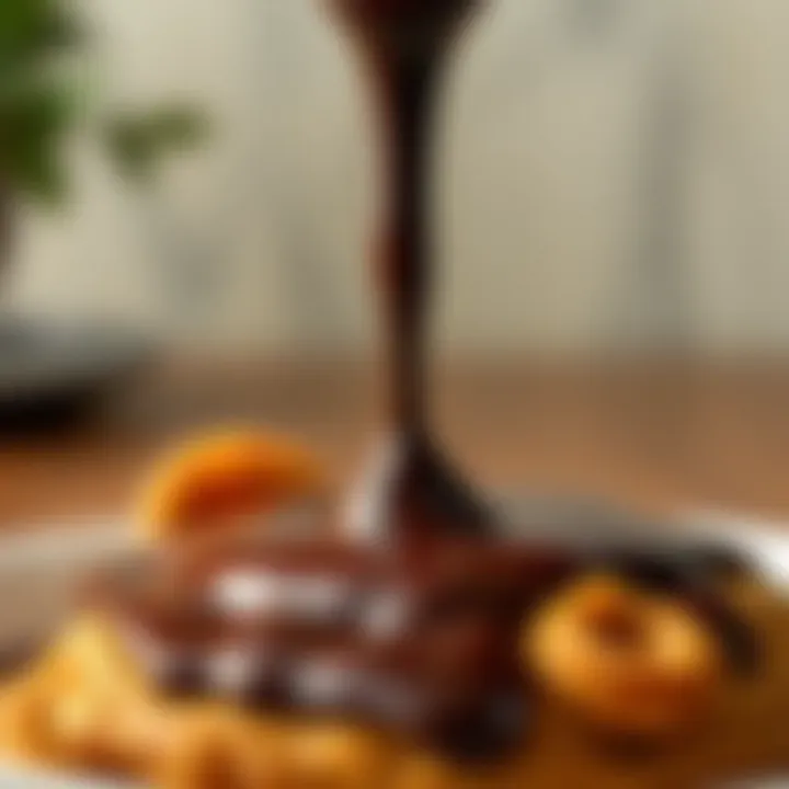 A rich and glossy chocolate sauce drizzling over a dessert