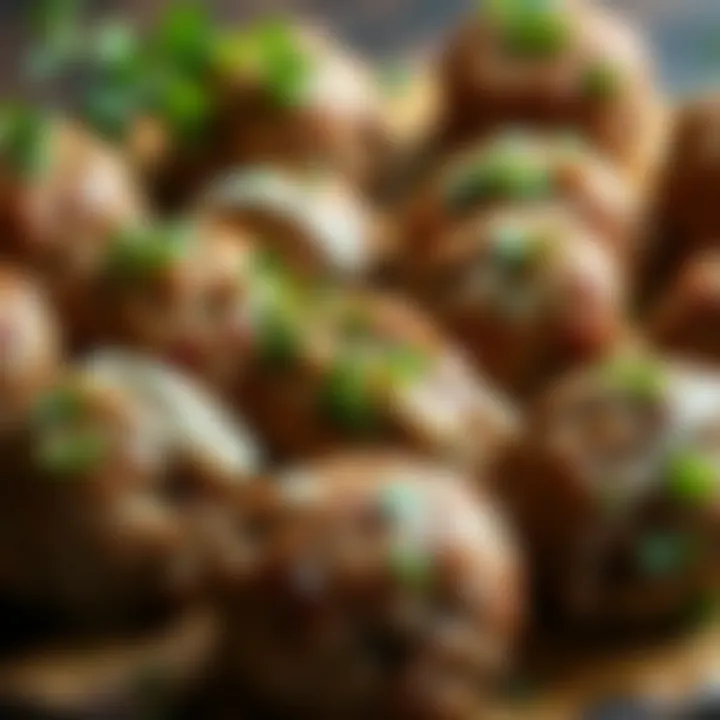 An array of different meatball types garnished with herbs