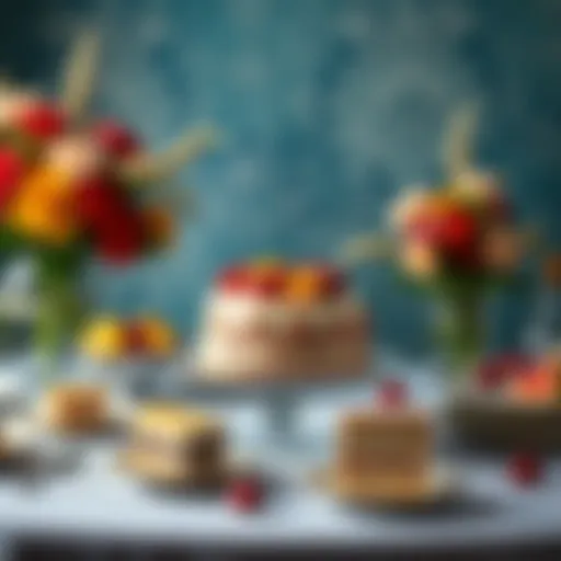 A beautifully arranged table featuring an exquisite cake with vibrant decorations.