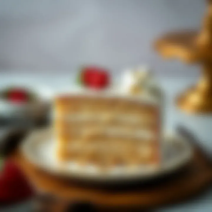 An elegant cake slice served on a decorative plate, emphasizing its moist texture.