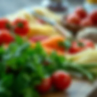 Close-up of various ingredients laid out, showcasing their freshness and vibrant colors.