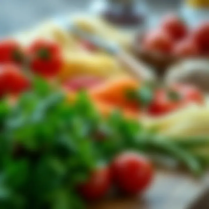 Close-up of various ingredients laid out, showcasing their freshness and vibrant colors.