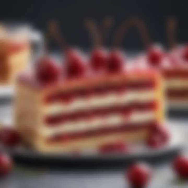 Close-up of the cake slices revealing the vibrant cherry filling.