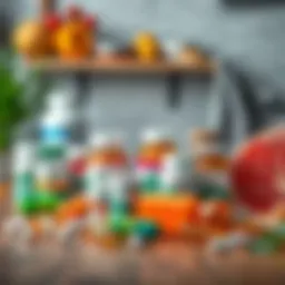 A variety of vitamin supplements displayed on a wooden table.