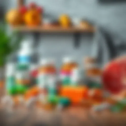 Exploring Vitamin Diversity A variety of vitamin supplements displayed on a wooden table.