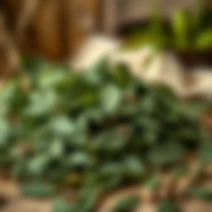 Fresh Yayla Tea Leaves A close-up of fresh Yayla tea leaves set against a rustic background.