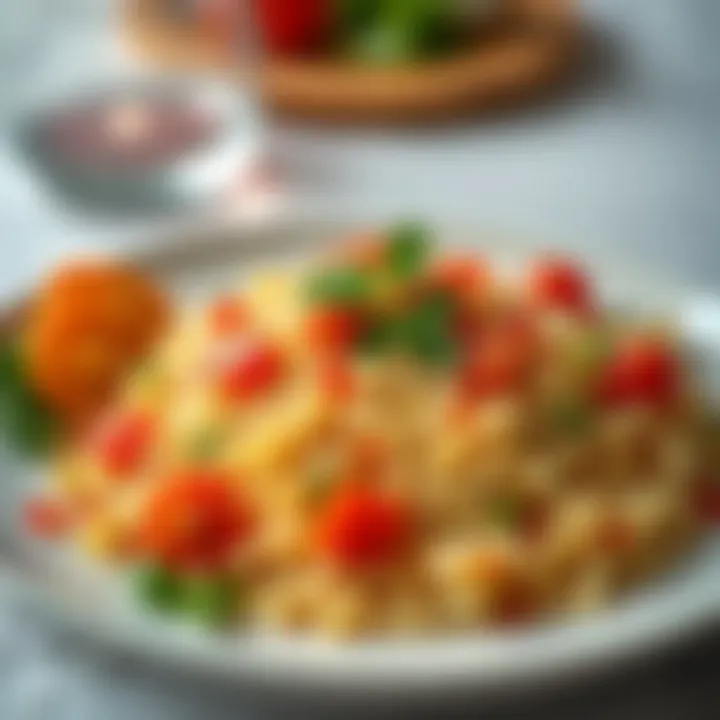 A beautifully arranged plate of pilav, garnished with fresh ingredients.