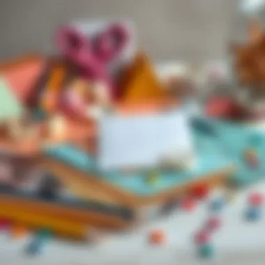 Essential Materials for Crafting Cards An arranged set of art supplies including colored papers and decorative items for card making.