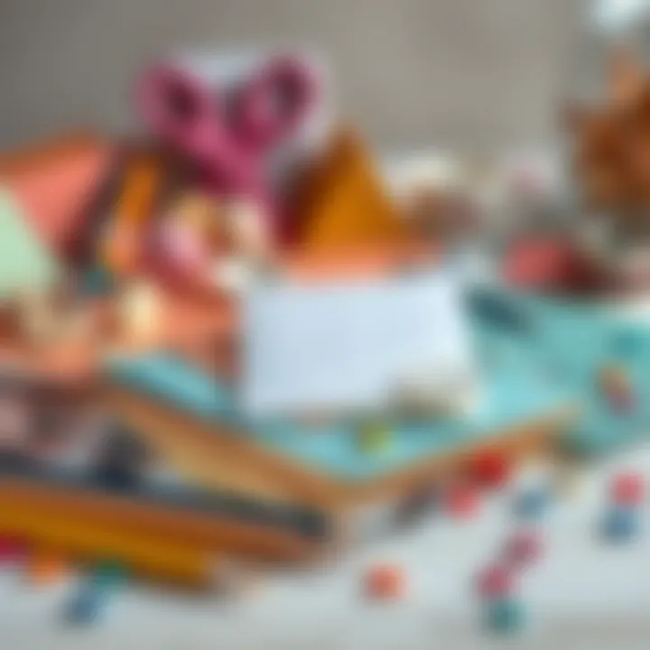 Essential Materials for Crafting Cards An arranged set of art supplies including colored papers and decorative items for card making.