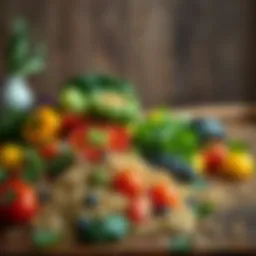 A colorful array of fresh vegetables and grains on a wooden table