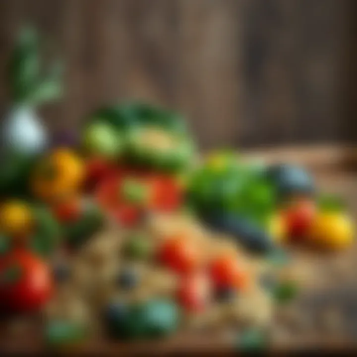 A colorful array of fresh vegetables and grains on a wooden table
