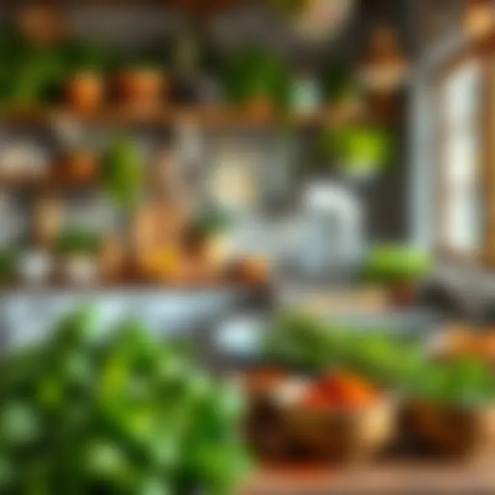A serene kitchen setting showcasing fresh herbs and spices